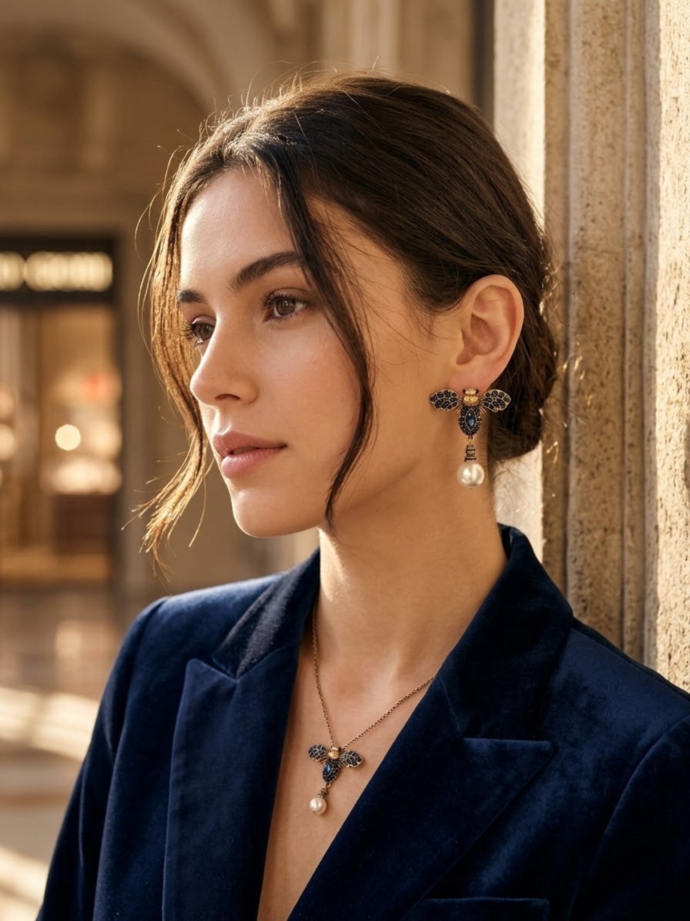 Designer-Inspired Navy Blue Crystal & Pearl Pendant Necklace and Earrings Set